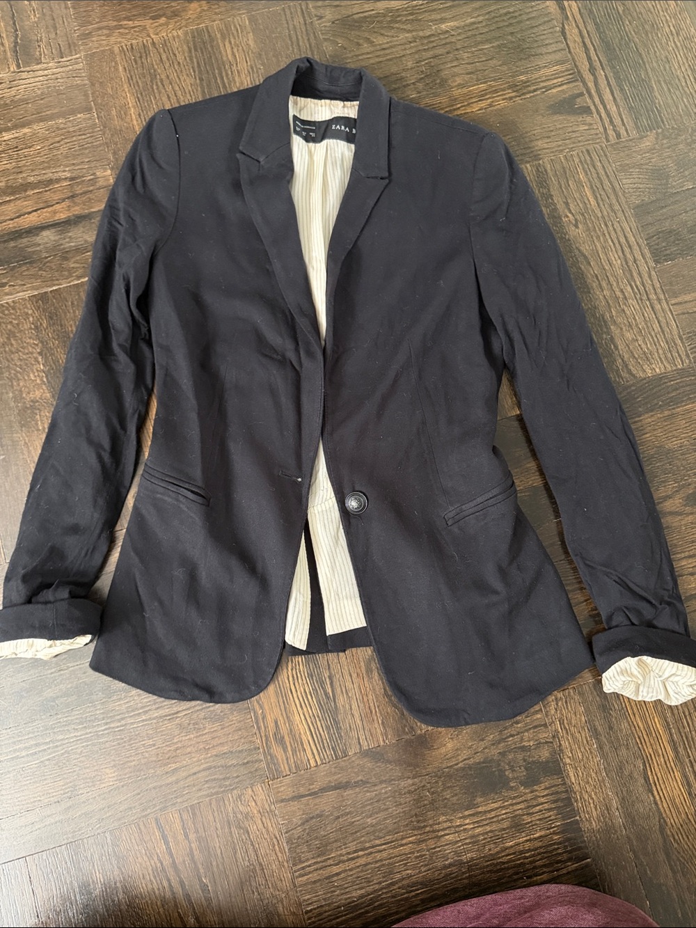 Used Zara Black Cotton Tailored Single-Button Blazer Sz XS